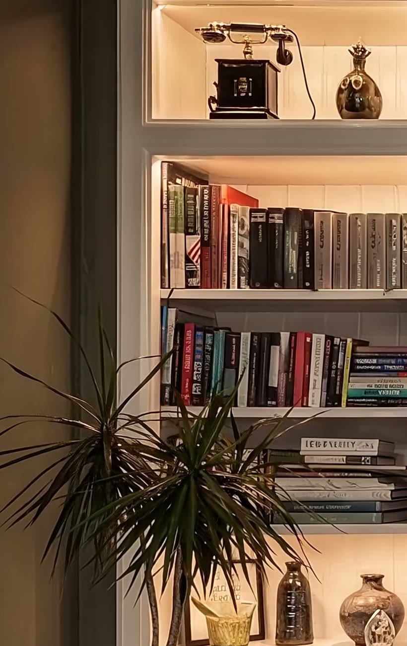 Verlichte vitrinekast van een ensuite kast met boeken en keramiek